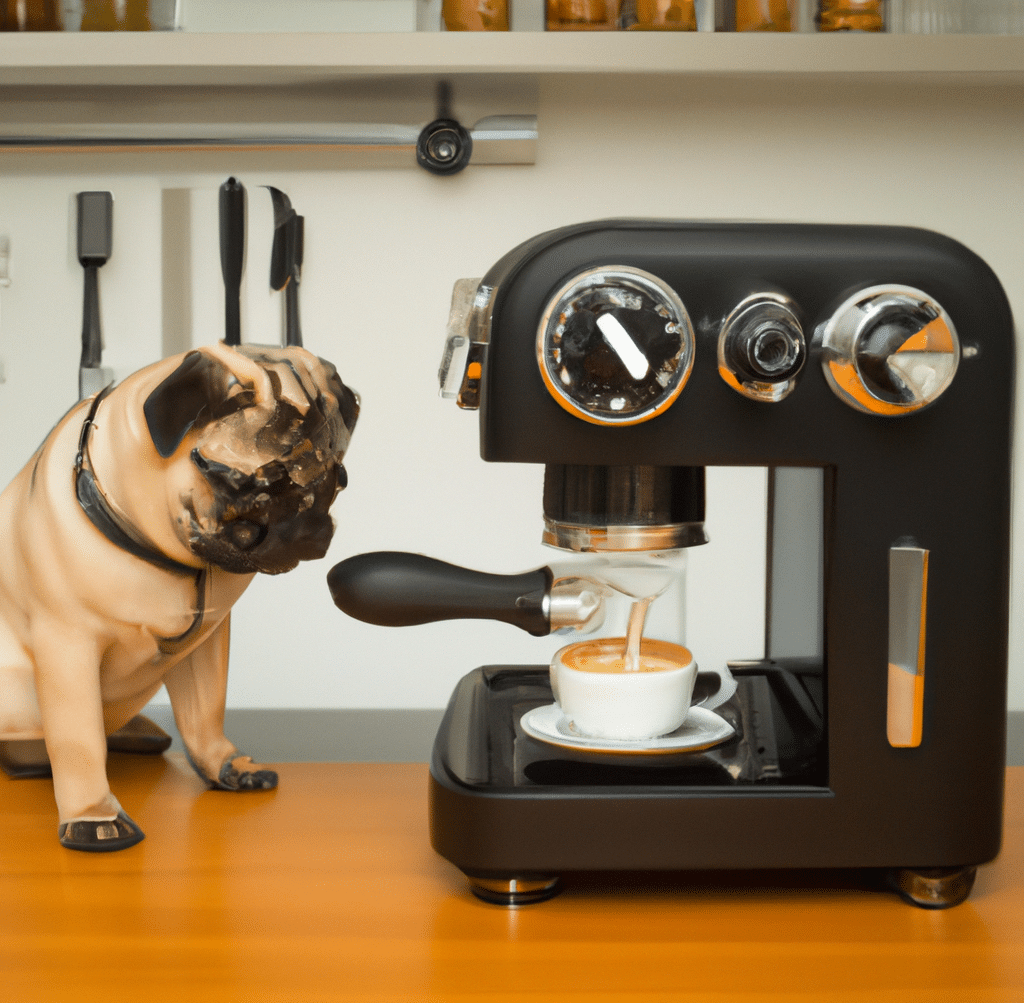 Mops hund som ser på en espressomaskin