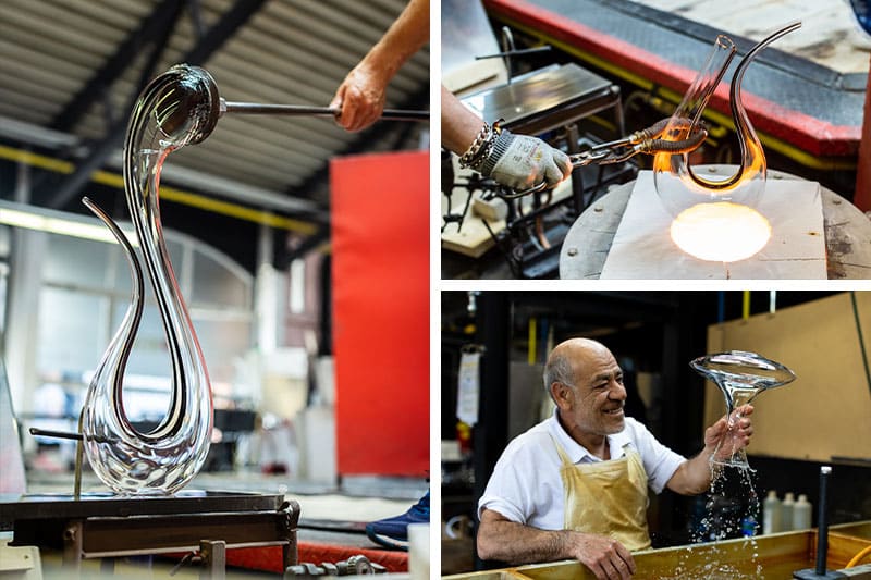 Munblåsta glaskaraffer från Riedels fabrik i Österrike.