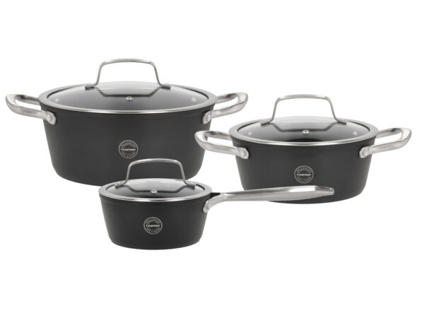 Pillivuyt Gourmet "Travo" Grytset med glaslock, 6 delar, Svart