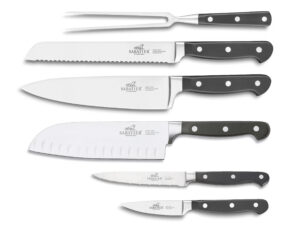 Lion Sabatier Pluton knivset med 6 köksknivar i rostfritt stål, svart skaft och klassisk fransk design – perfekt för alla moment i köket.