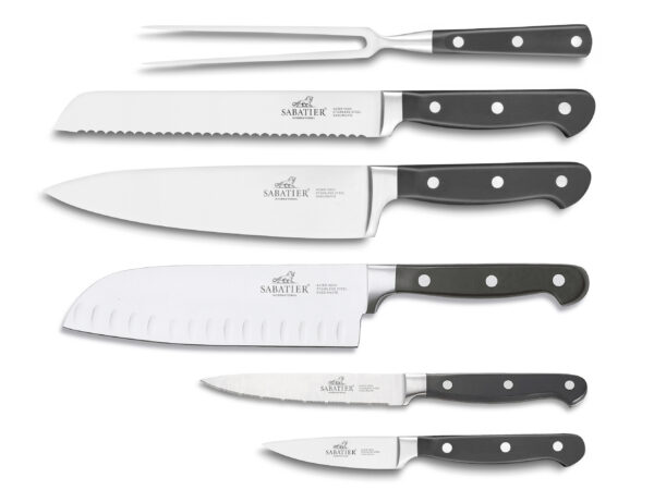 Lion Sabatier Pluton knivset med 6 köksknivar i rostfritt stål, svart skaft och klassisk fransk design – perfekt för alla moment i köket.