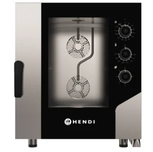 Konvektionsugn med ånga från HENDI – modell CONTROL 7x GN1/1 i rostfritt stål med manuell kontrollpanel och två fläktar i ugnskammaren.