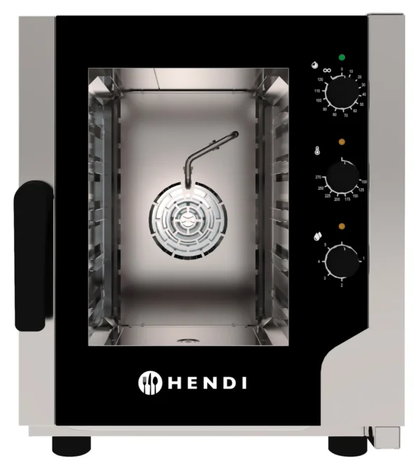 HENDI CONTROL 5x GN 2/3 konvektionsugn i rostfritt stål med manuell kontrollpanel, dubbelglasad dörr och kompakt design för mindre kök.