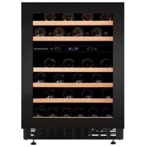 Dunavox Flow-46H vinkyl med svart front, träinslag och LCD-display. Rymmer upp till 46 flaskor.
