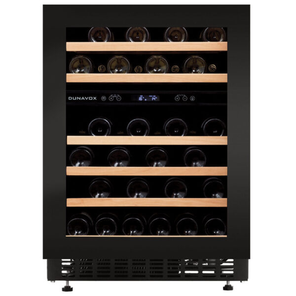 Dunavox Flow-46H vinkyl med svart front, träinslag och LCD-display. Rymmer upp till 46 flaskor.