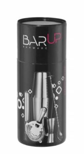 BarUp barkit i svart presentförpackning – cylinderformad tub med grafisk design och logotyp.
