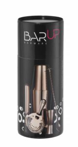 Presenttub från BarUp med kopparpläterade bartillbehör tryckta på framsidan – elegant och modern förpackning.