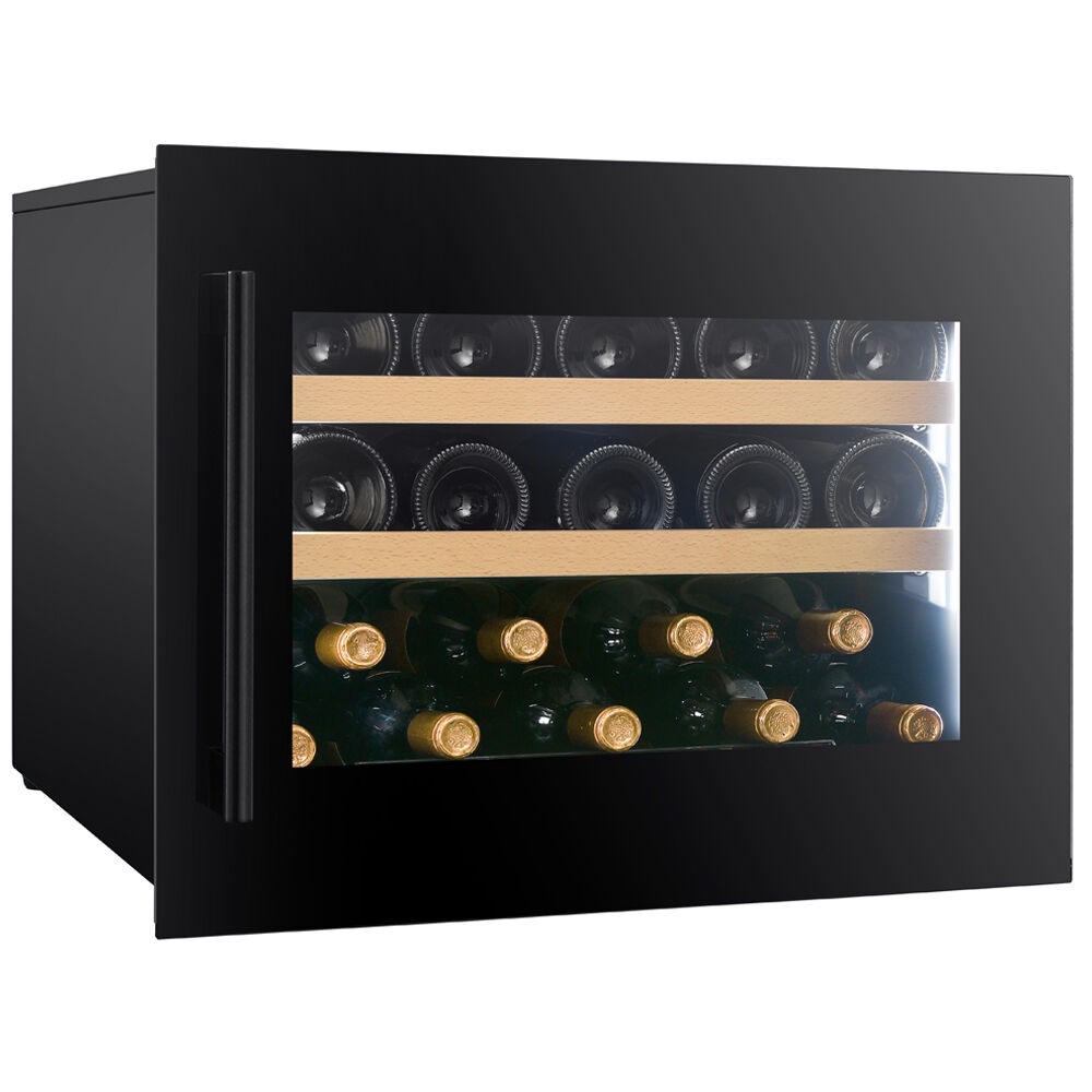 Dunavox Prime-19 snett framifrån, svart vinkyl med stängd dörr.